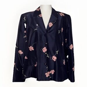 Doncaster‎ 100% Silk Blazer Navy Pink Floral Print Button Front Jacket Sz 18